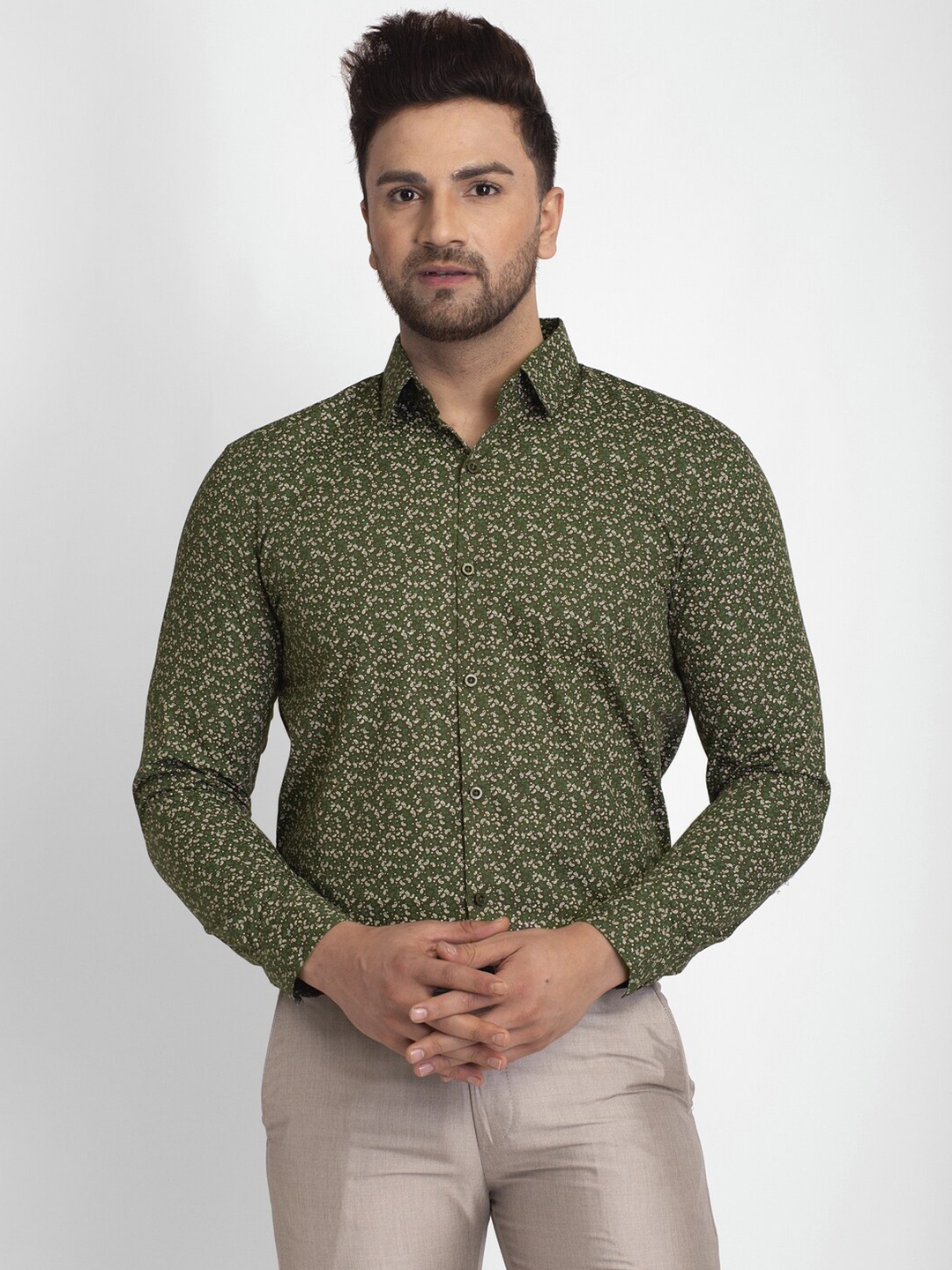 

JAINISH Men Olive Green Standard Floral Printed Cotton Formal Shirt
