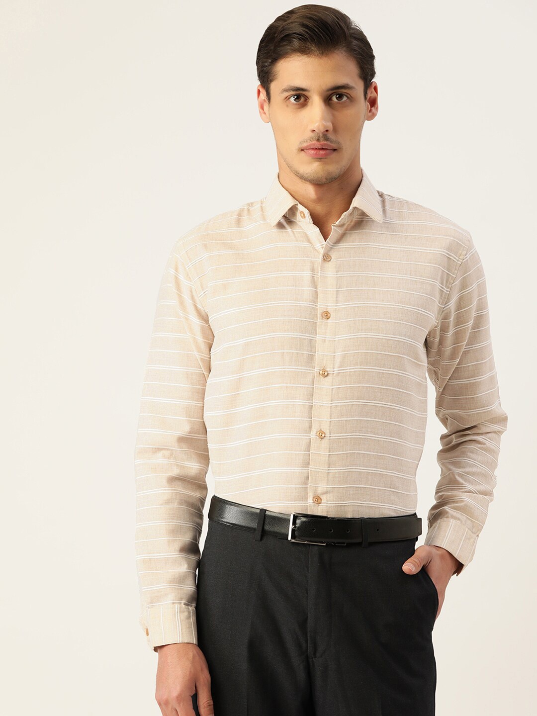 

JAINISH Men Cream-Coloured Standard Horizontal Stripes Striped Pure Cotton Formal Shirt