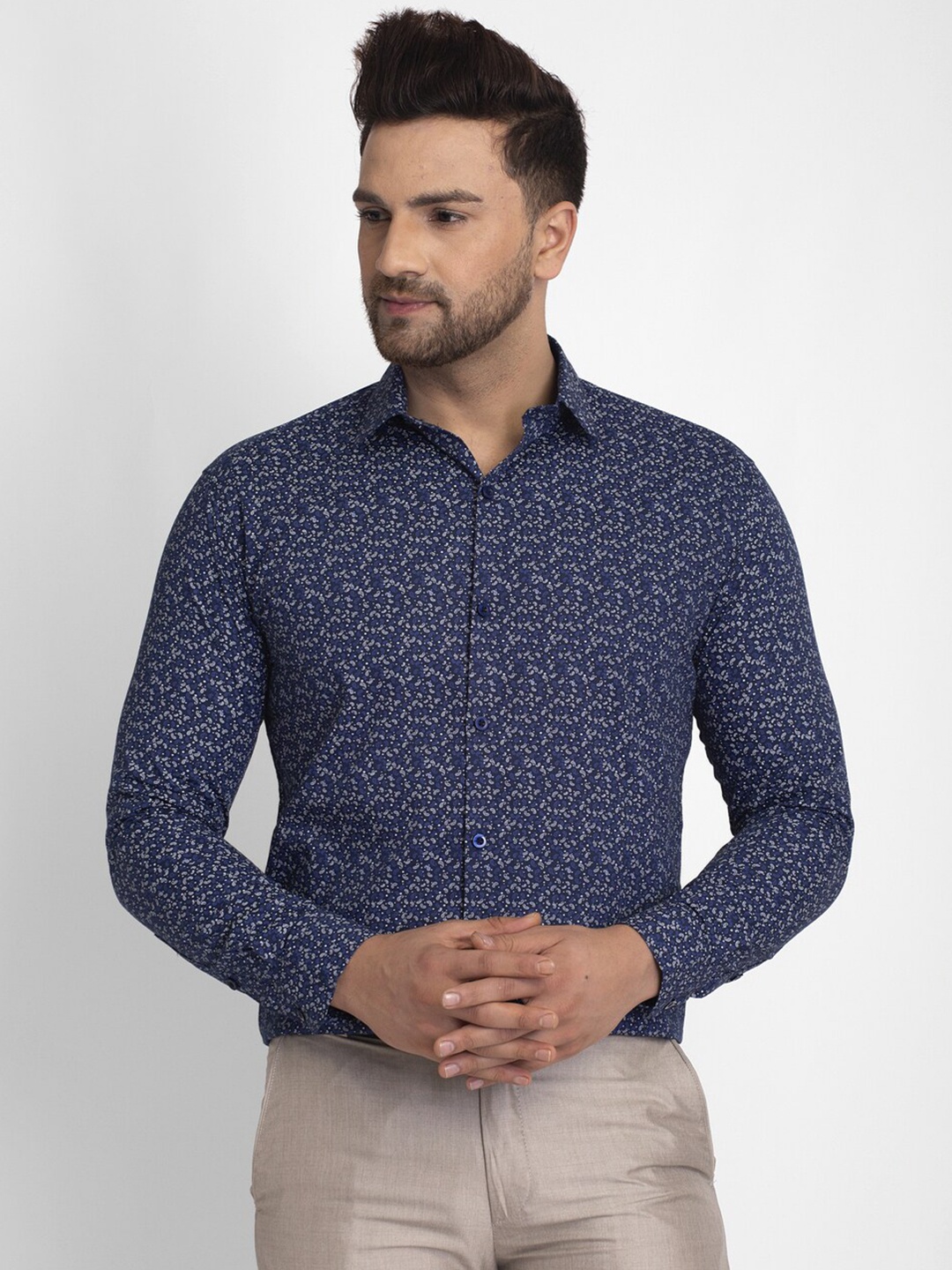 

JAINISH Men Navy Blue Standard Floral Printed Cotton Formal Shirt