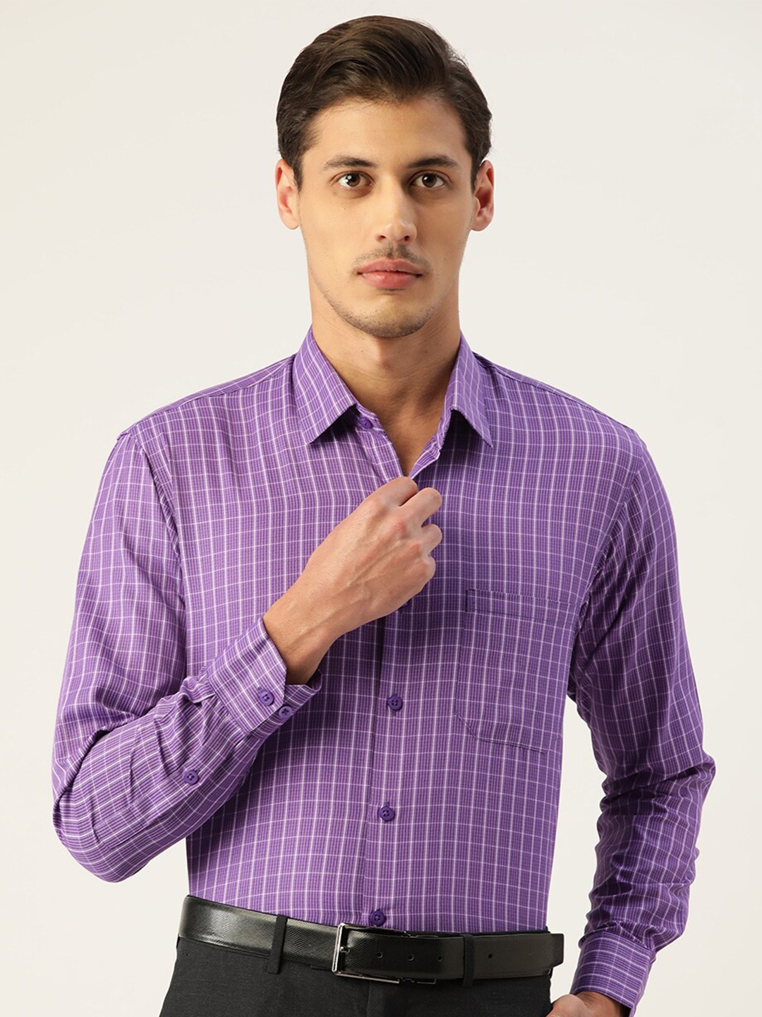 

JAINISH Men Violet Standard Grid Tattersall Checked Cotton Formal Shirt