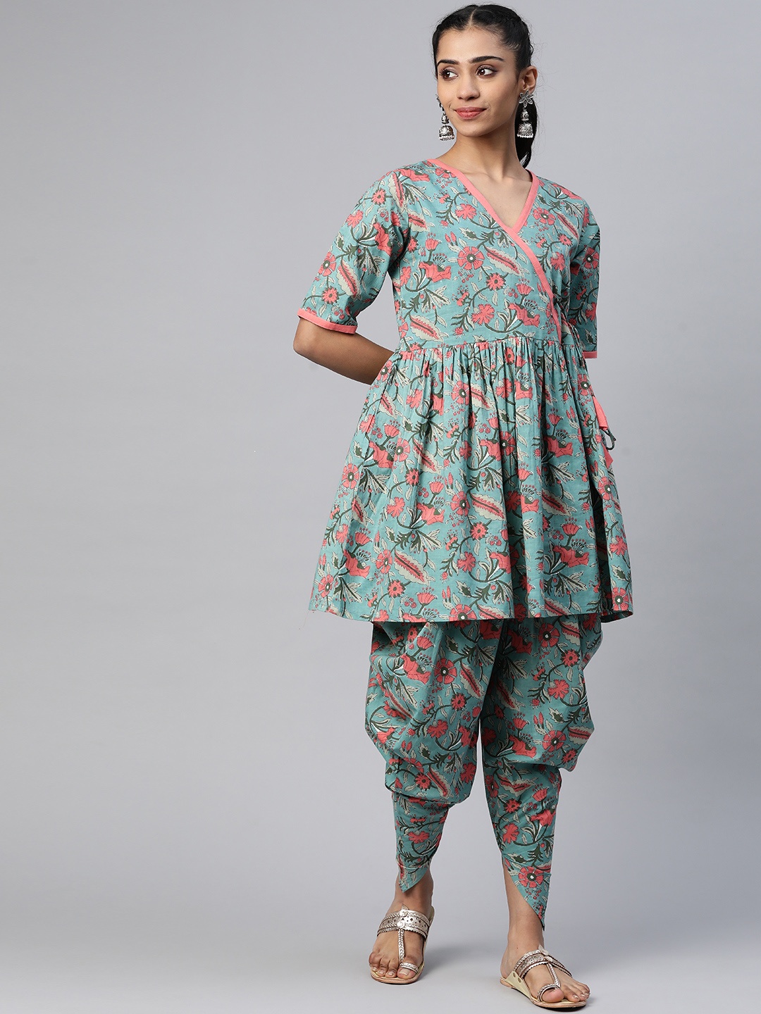 

Aasiya Women Green Ethnic Motifs Printed Angrakha Pure Cotton Kurta with Dhoti Pants