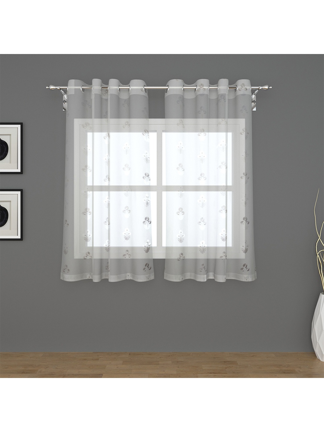

Home Centre Set Of 2 White Floral Printed Sheer Window Curtain