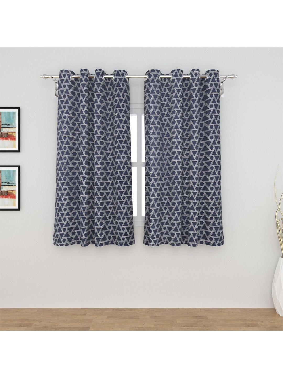 

Home Centre Set of 2 Blue & Grey Geometric Black Out Jacquard Window Curtains