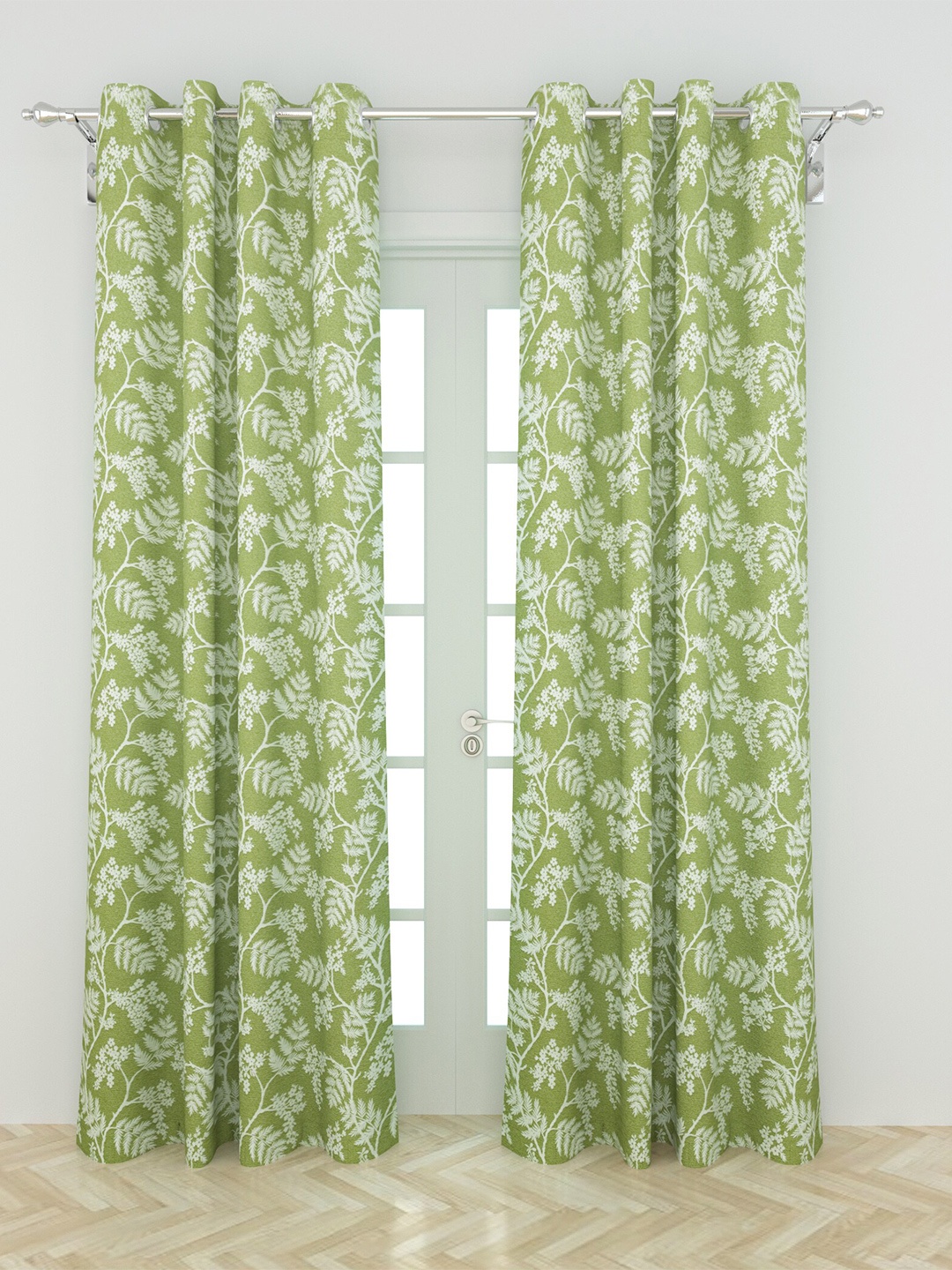 

Home Centre Green & White Set of 2 Floral Jacquard Semi Black Out Door Curtains