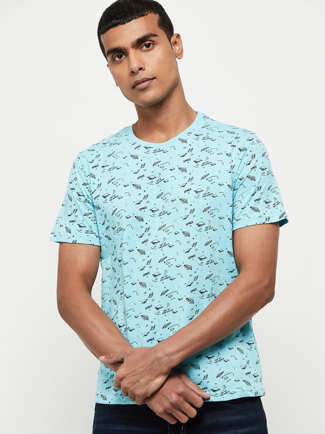 

max Men Blue Printed Cotton T-shirt