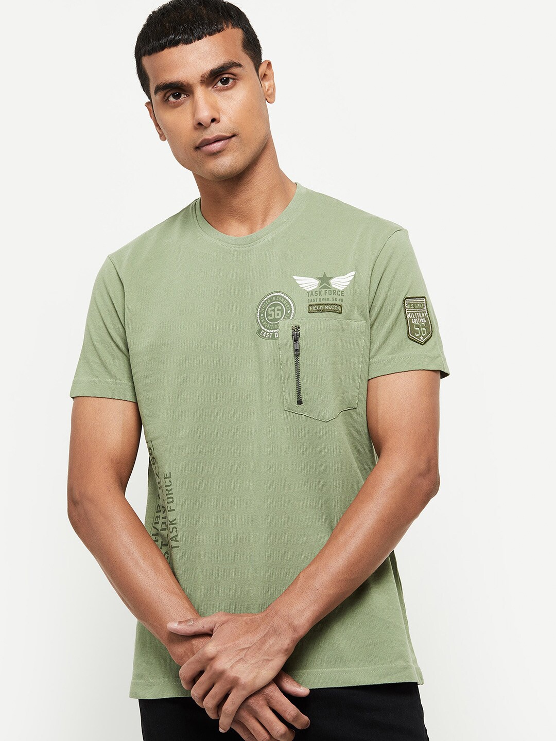 

max Men Sage Green & White Typography Printed Pure Cotton T-shirt