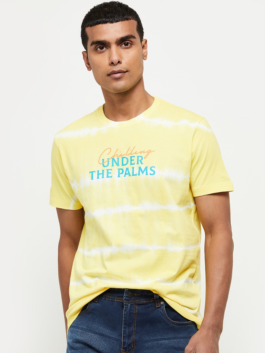 

max Men Yellow & White Tie and Dye Printed Pure Cotton T-shirt