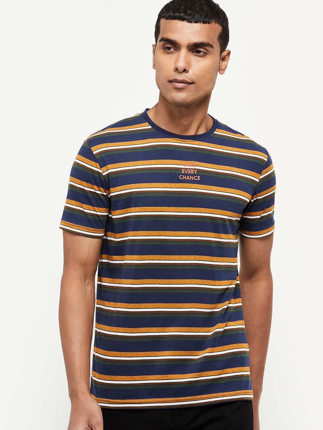 

max Men Navy Blue & Yellow Striped T-shirt