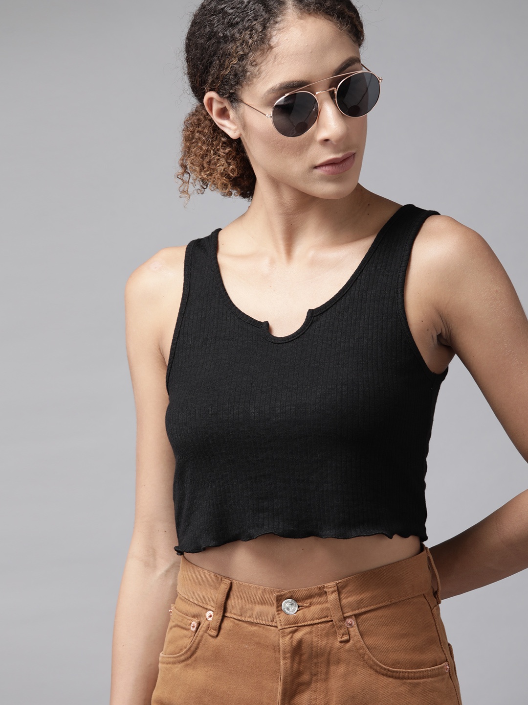 

Roadster Women Black Ribbed Crop Top