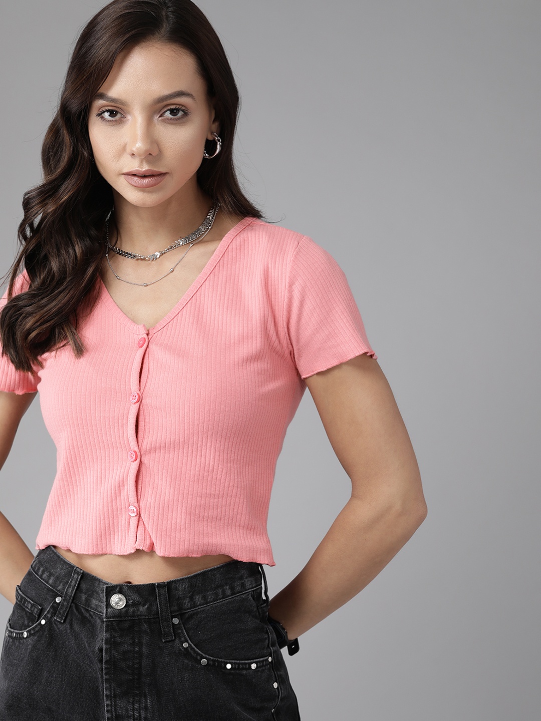 

Roadster Pink Solid Ribbed Crop Top