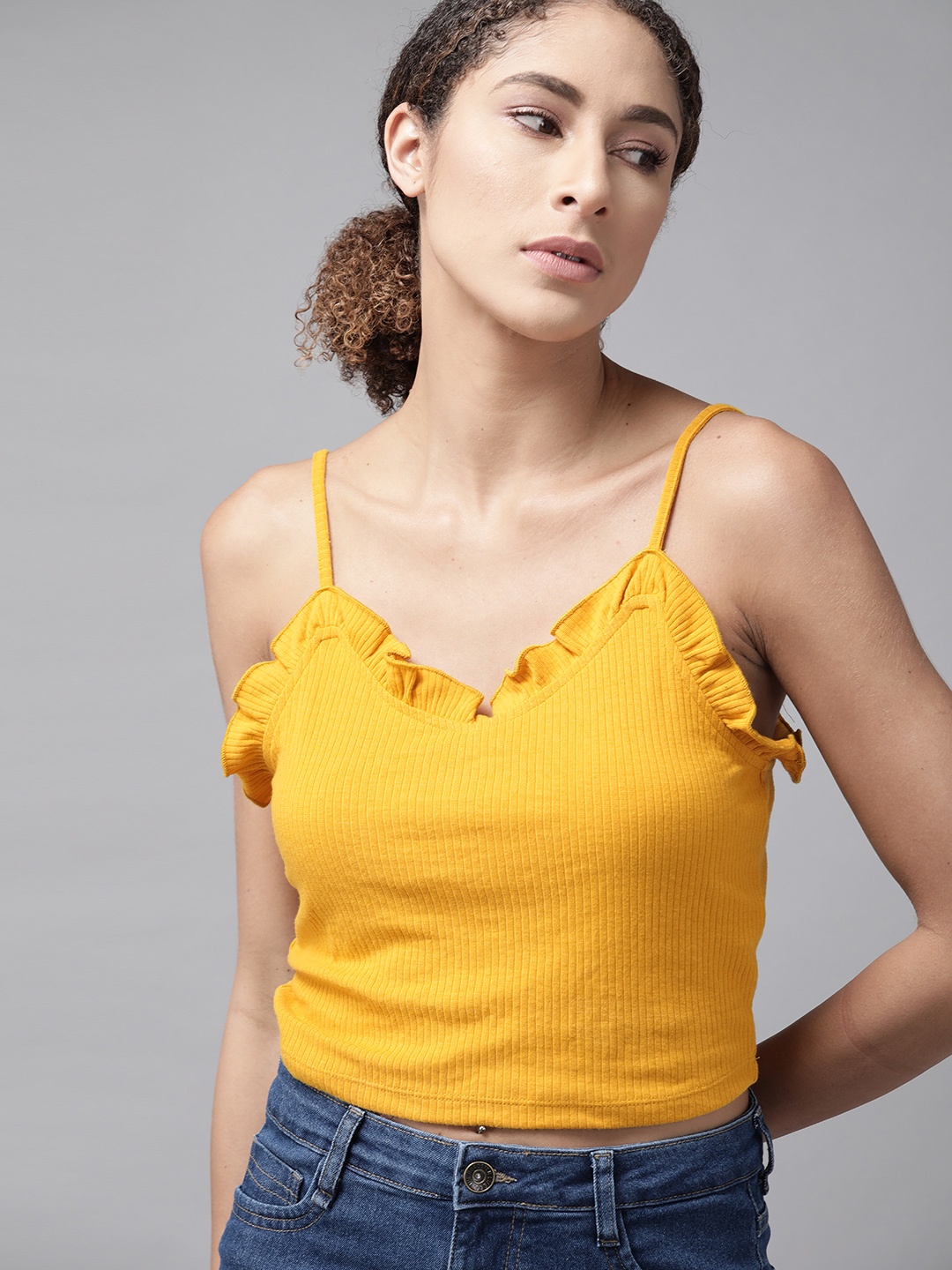 

Roadster Women Mustard Yellow Ribbed Ruffles Crop Top