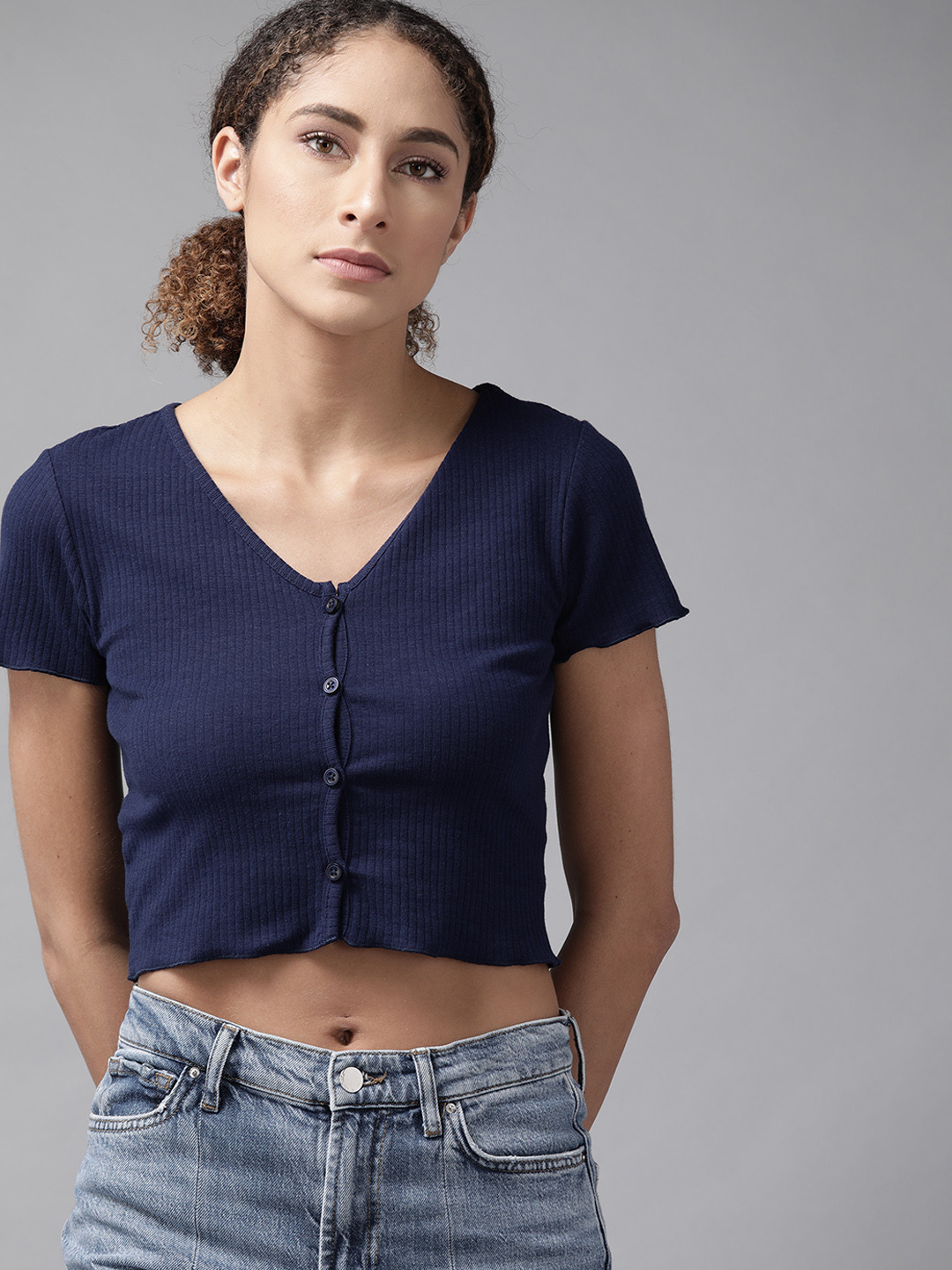 

Roadster Navy Blue V-Neck Crop Top