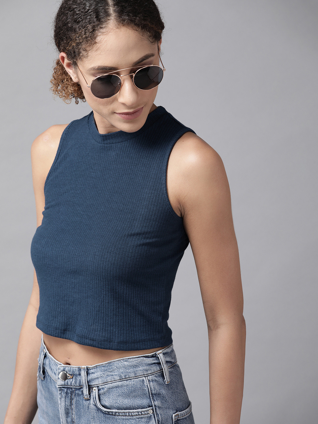 

Roadster Navy Blue Round Neck Crop Top