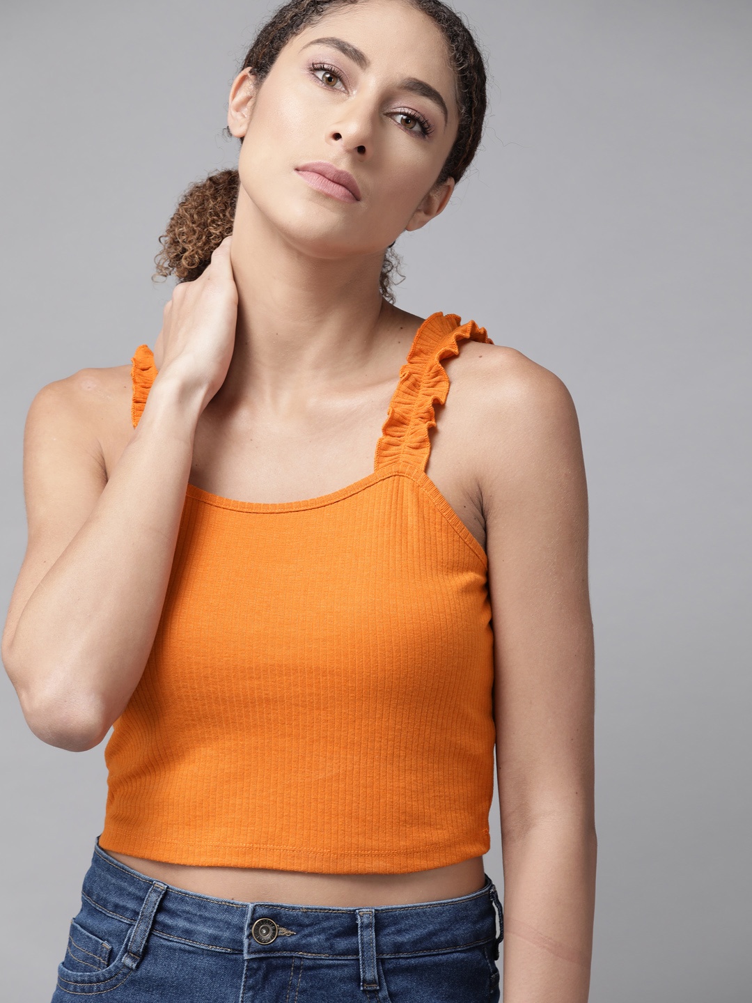 

Roadster Women Orange Ribbed Ruffles Crop Top
