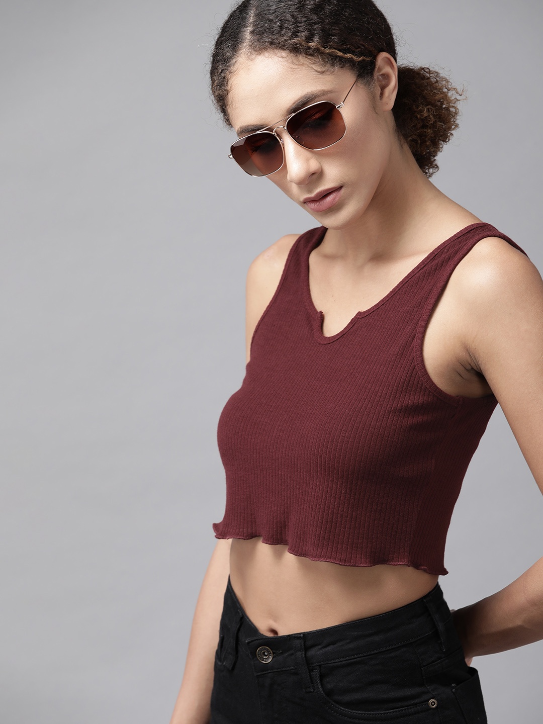 

Roadster Women Maroon Ribbed Crop Top