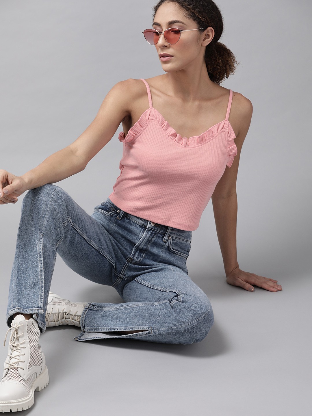 

Roadster Women Dusty Pink Ribbed Ruffles Crop Top, Rose