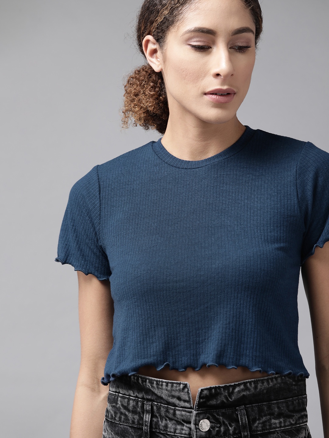 

Roadster Navy Blue Round Neck Crop Top