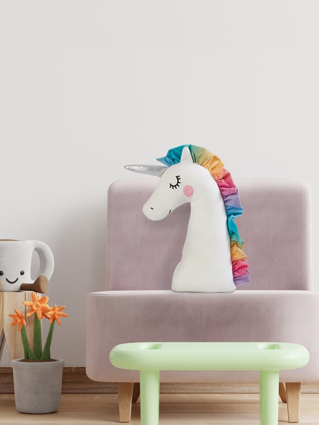 

Home Centre White Unicorn Shaped Filled Cushion