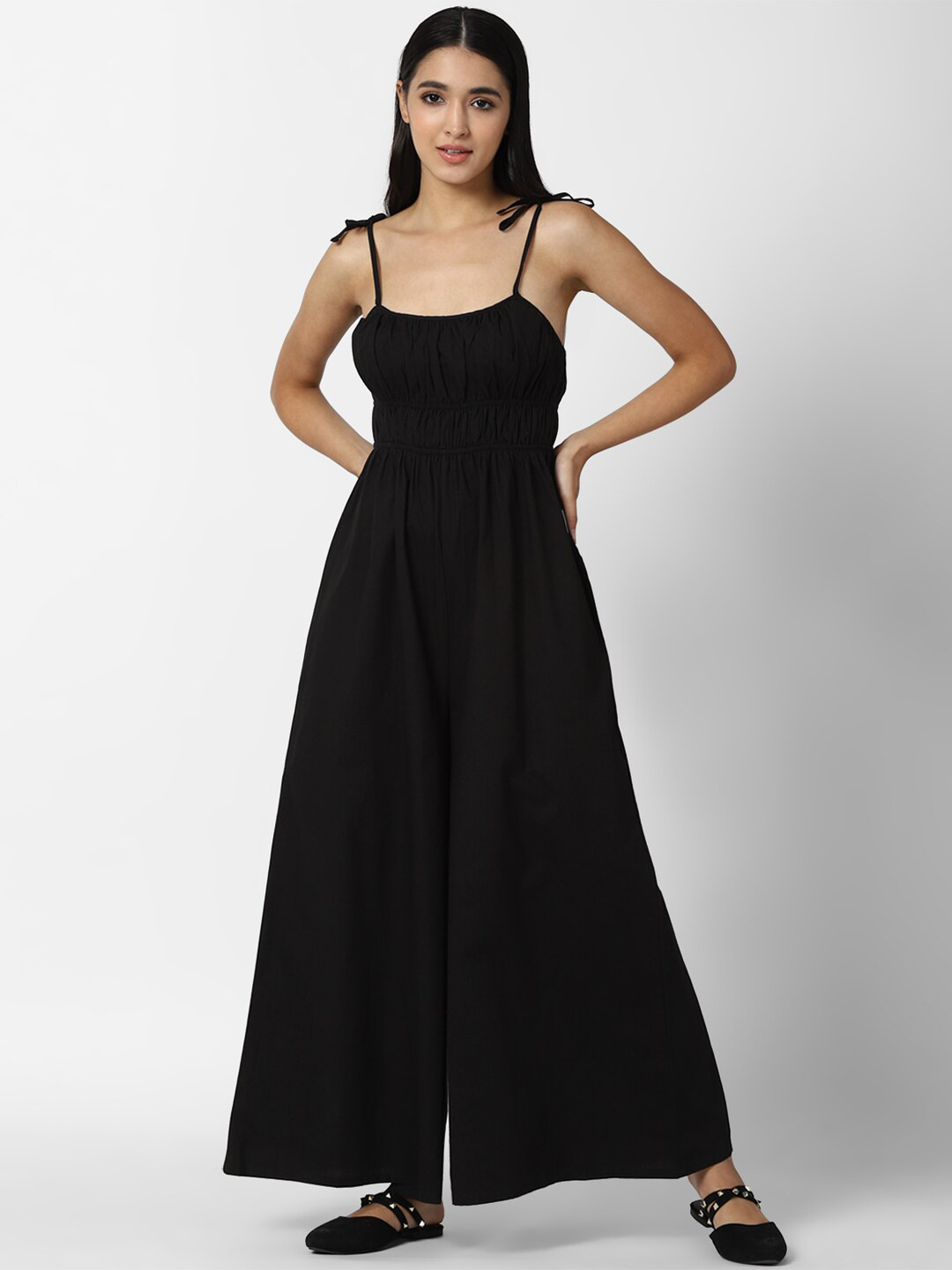 

FOREVER 21 Black Solid Pure Cotton Basic Jumpsuit