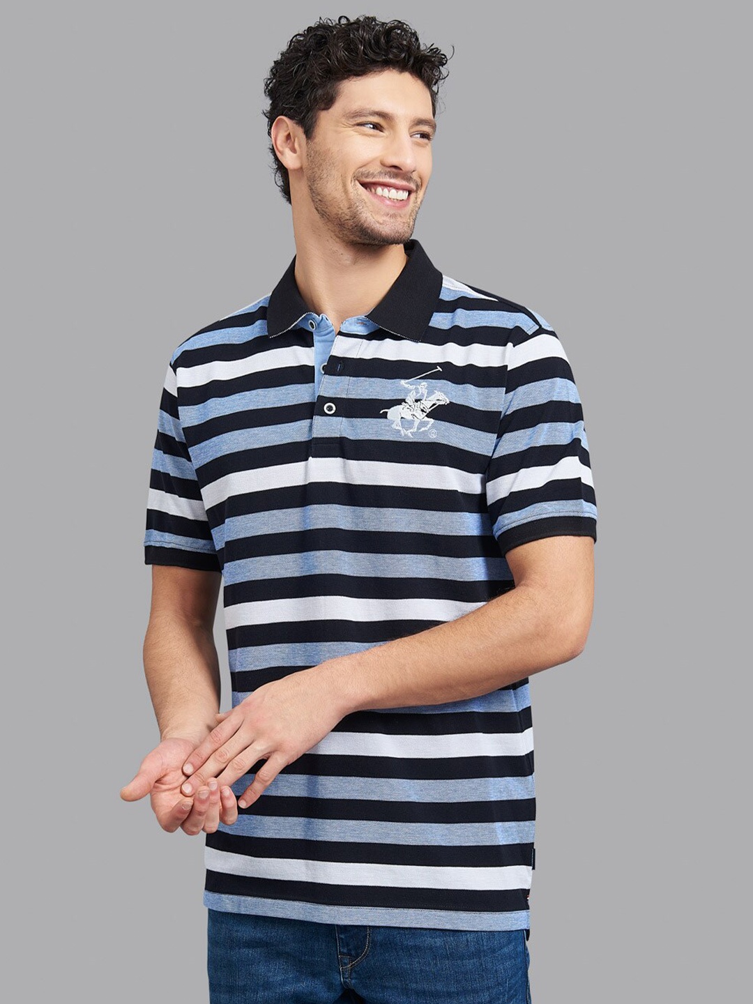 

Beverly Hills Polo Club Men Black & Blue Striped Polo Collar T-shirt