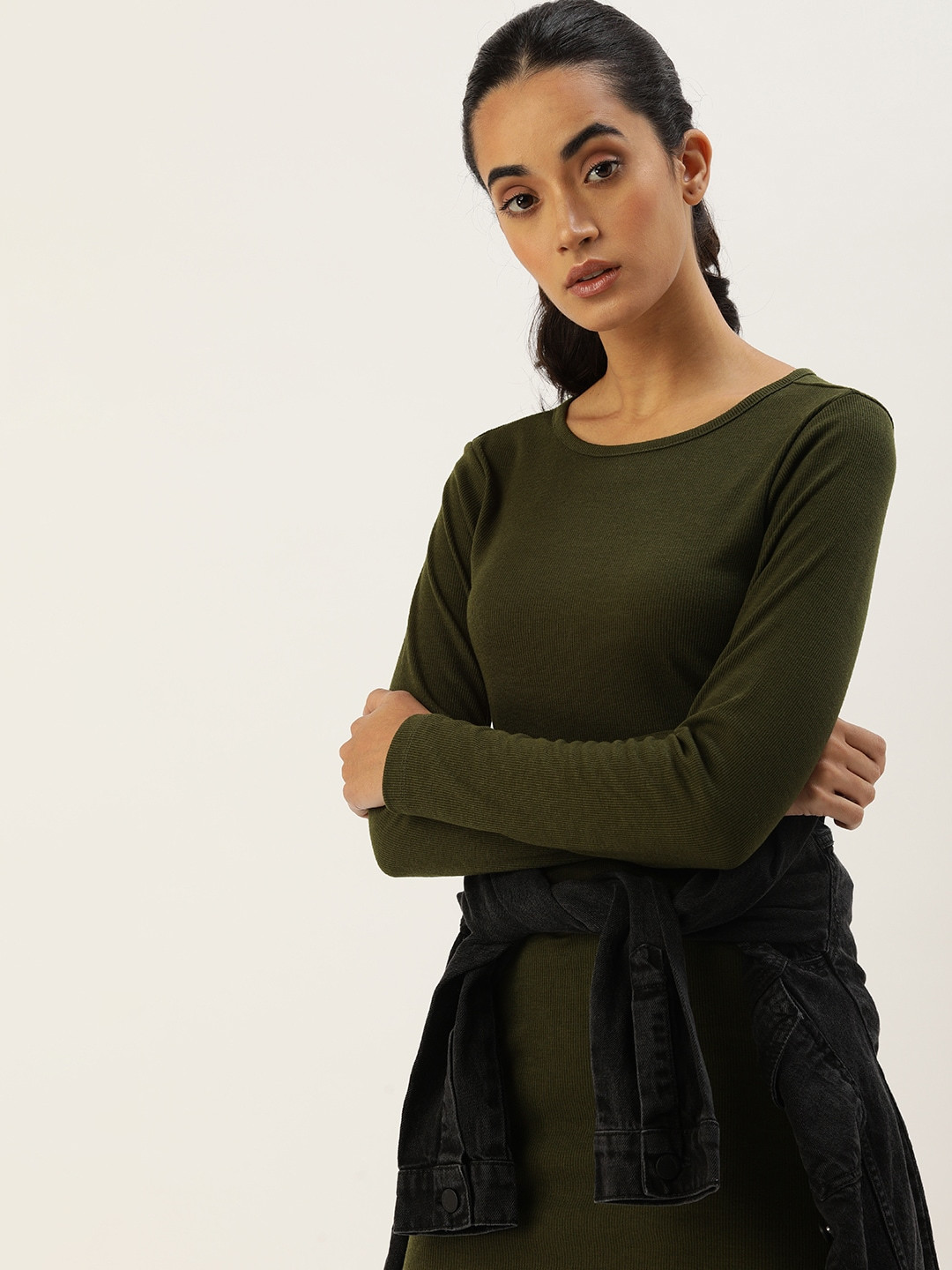 

Kook N Keech Women Olive Green Ribbed Bodycon Dress