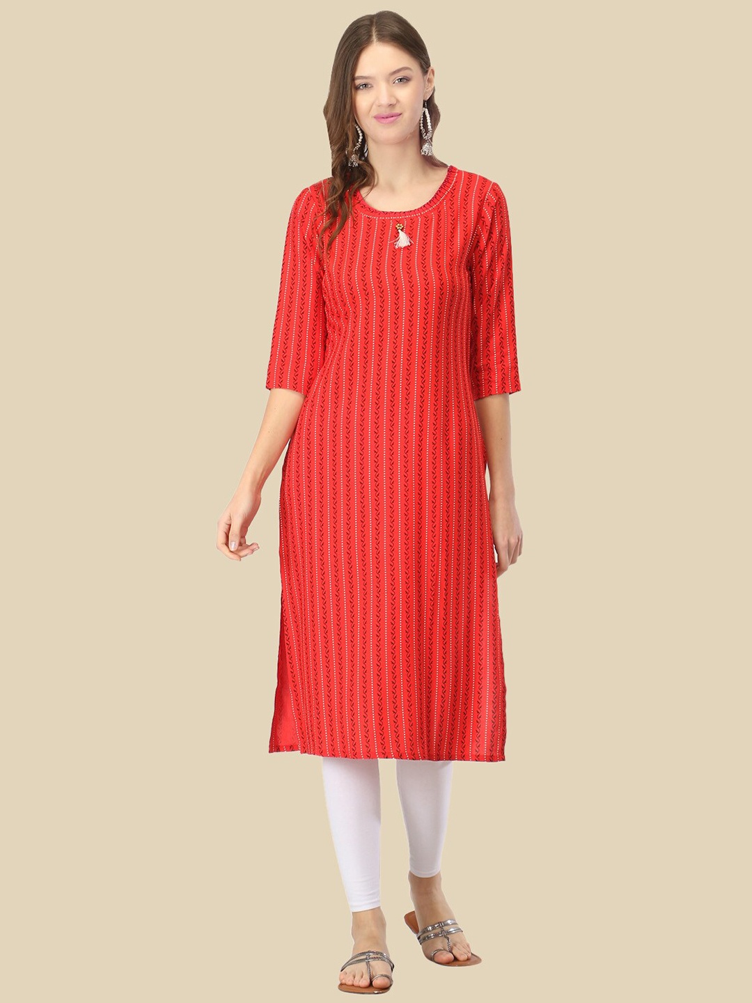 

FEMMIBELLA Women Red Striped Straight Kurta
