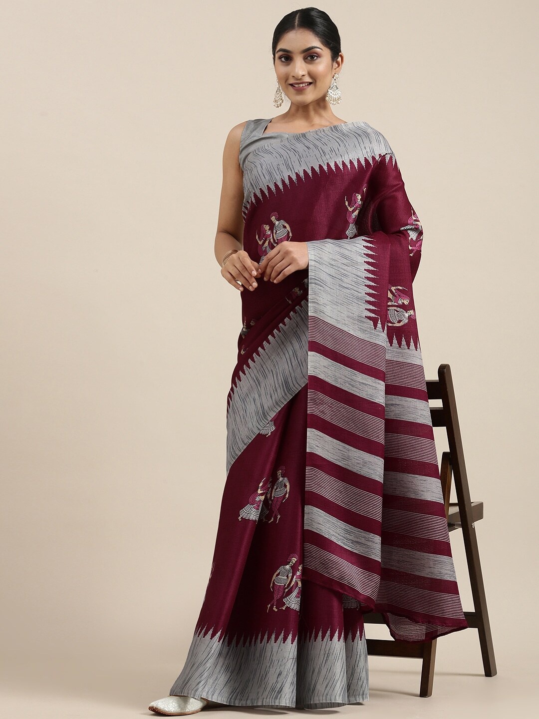 

MOKSHA DESIGNS Burgundy & Grey Ethnic Motifs Art Silk Baluchari Saree