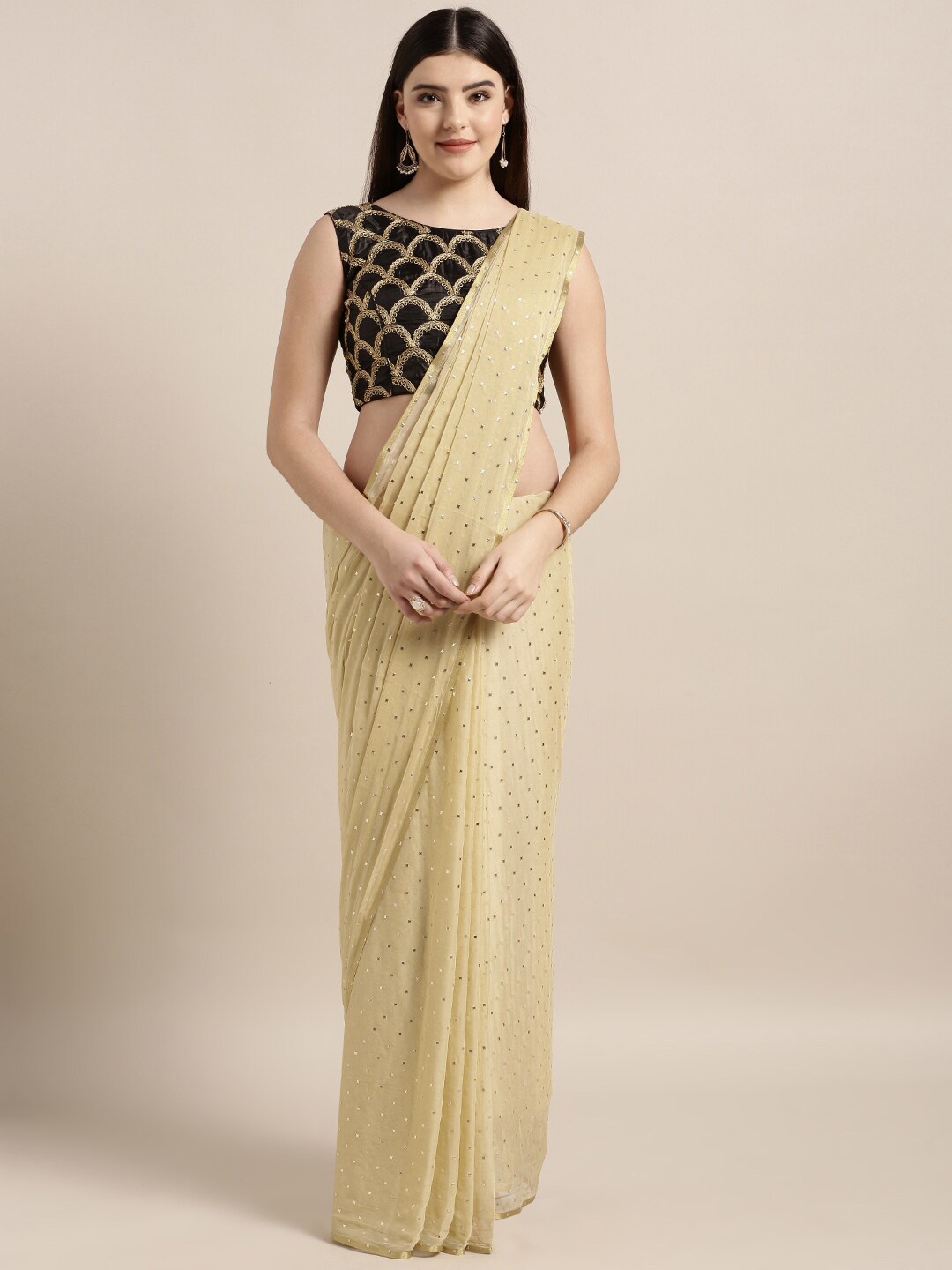 

MOKSHA DESIGNS Beige & Gold-Toned Embellished Pure Chiffon Saree