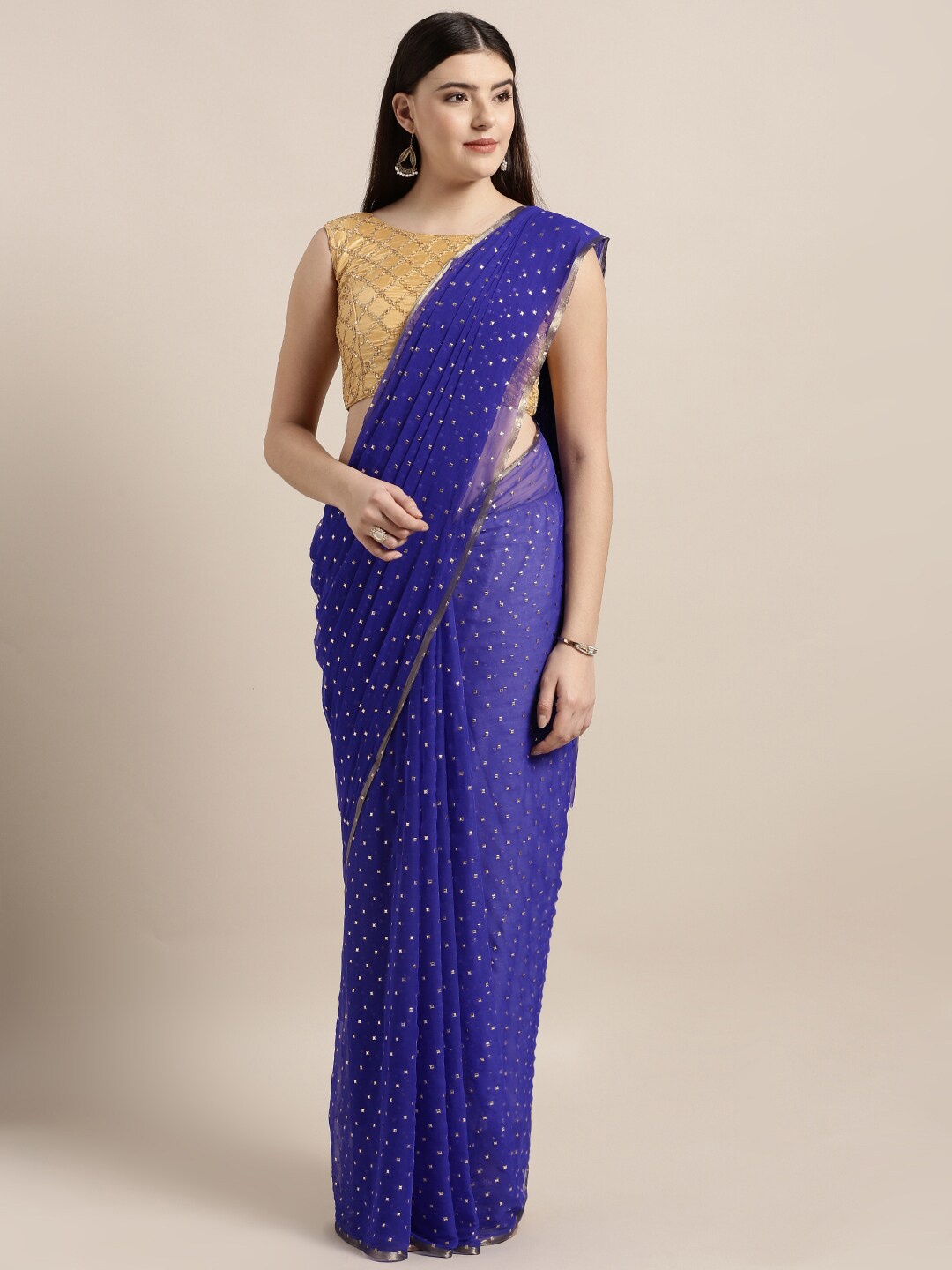 

MOKSHA DESIGNS Blue & Gold-Toned Ethnic Motifs Pure Chiffon Saree