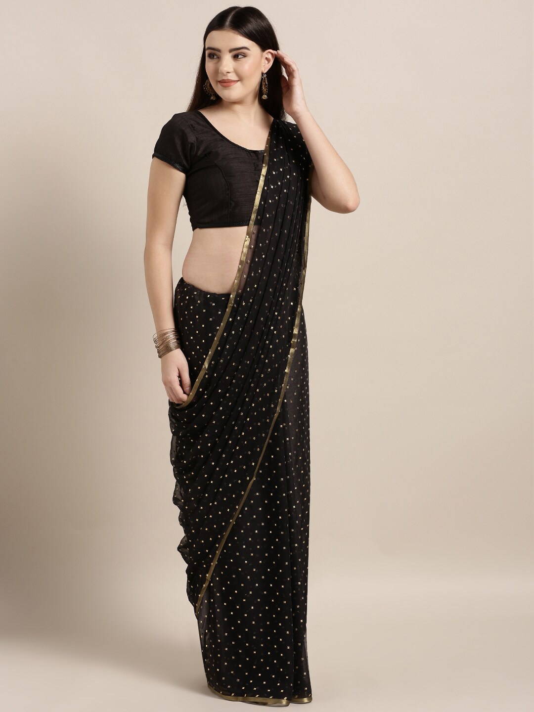 

MOKSHA DESIGNS Black & Gold-Toned Embellished Pure Chiffon Saree