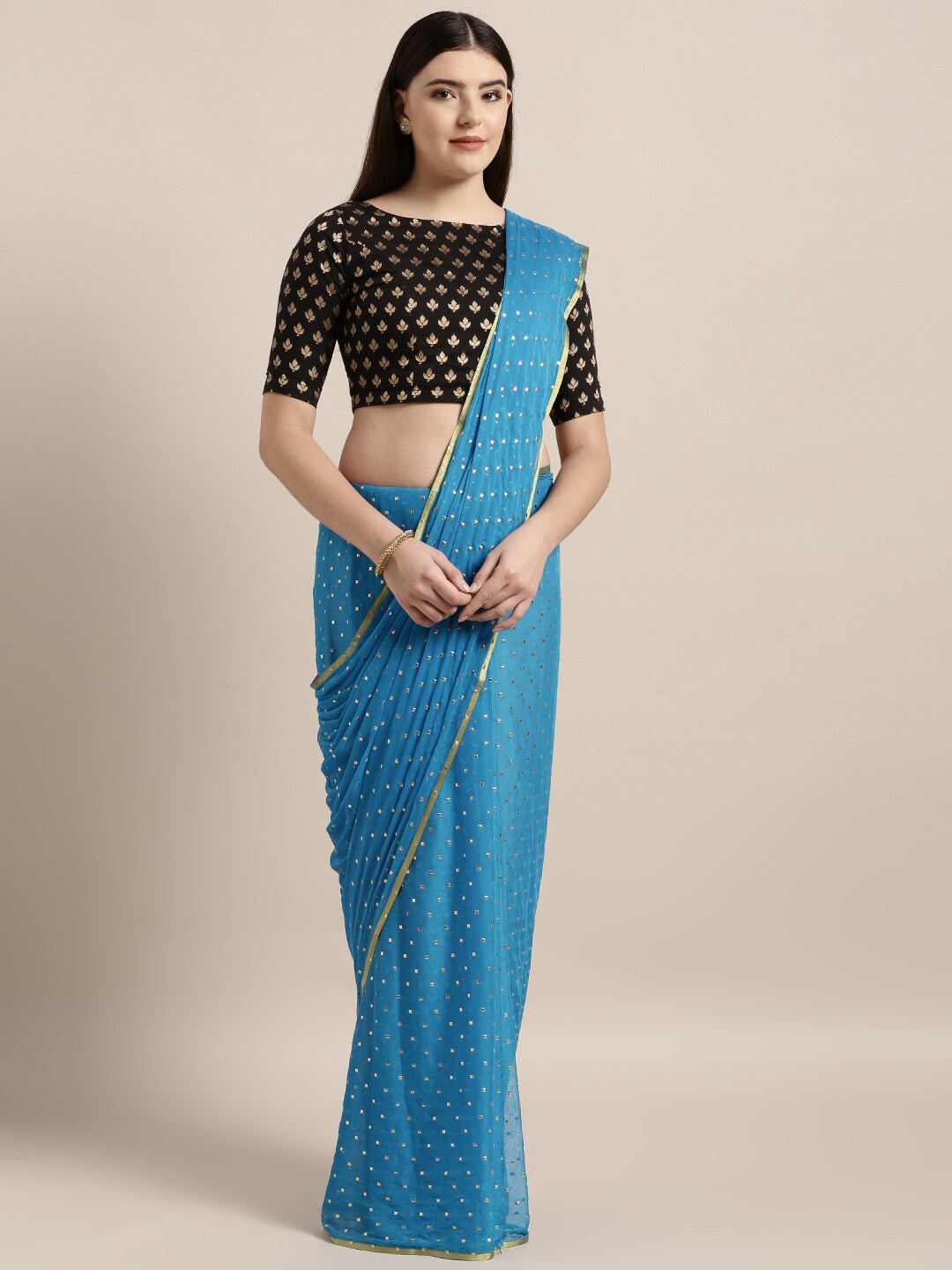 

MOKSHA DESIGNS Turquoise Blue & Golden Embellished Beads and Stones Pure Chiffon Saree