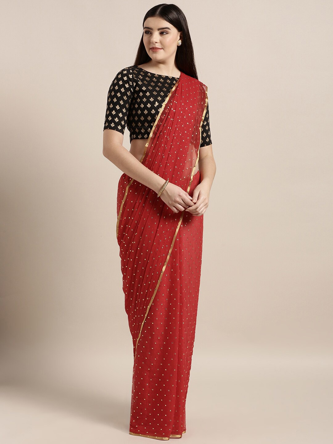 

MOKSHA DESIGNS Red & Gold-Toned Pure Chiffon Saree