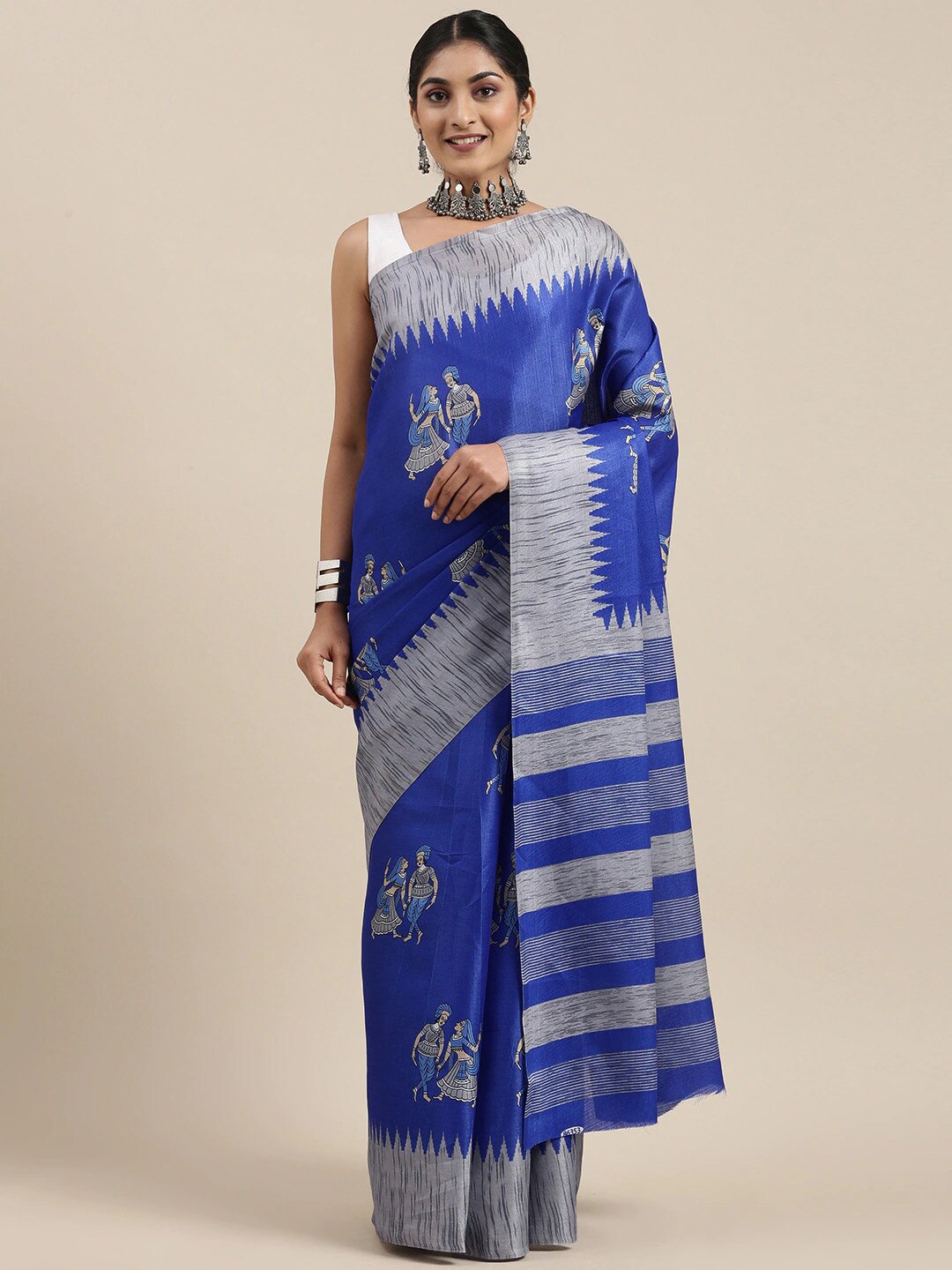 

MOKSHA DESIGNS Blue & Grey Ethnic Motifs Art Silk Baluchari Saree