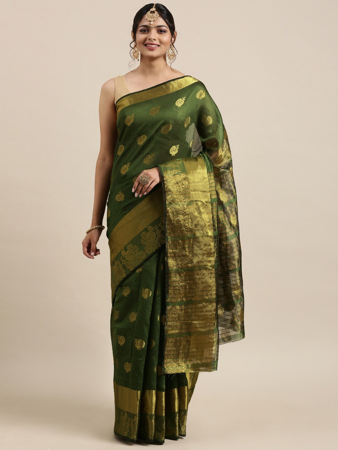 

MOKSHA DESIGNS Green & Gold-Toned Ethnic Motifs Zari Art Silk Banarasi Saree