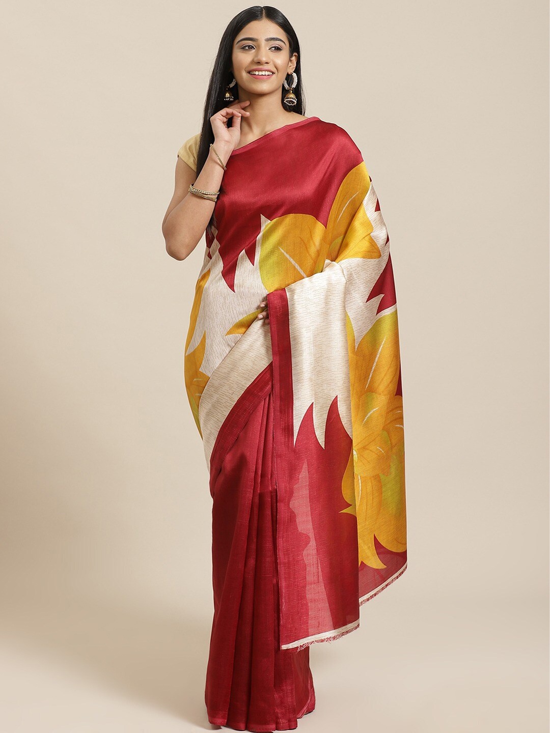 

MOKSHA DESIGNS Red & Yellow Floral Art Silk Baluchari Saree