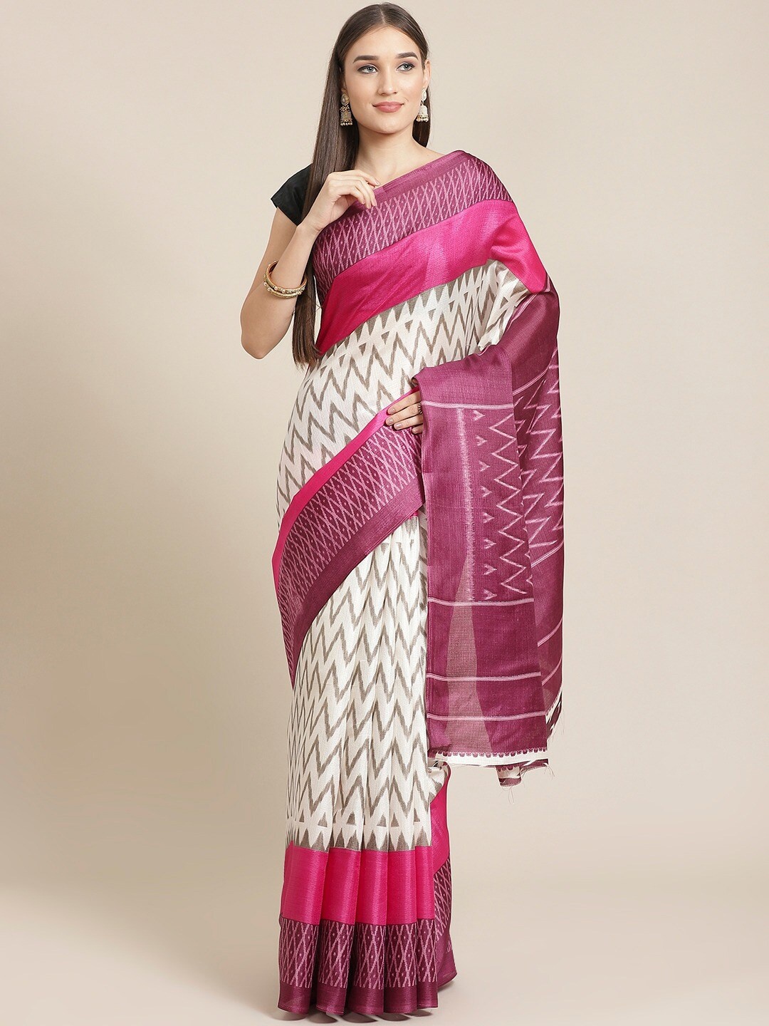 

MOKSHA DESIGNS Burgundy & White Art Silk Baluchari Saree