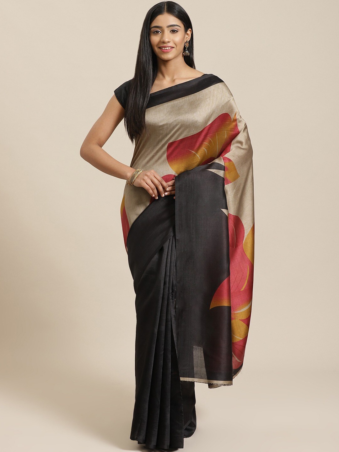 

MOKSHA DESIGNS Black & Beige Floral Art Silk Baluchari Saree