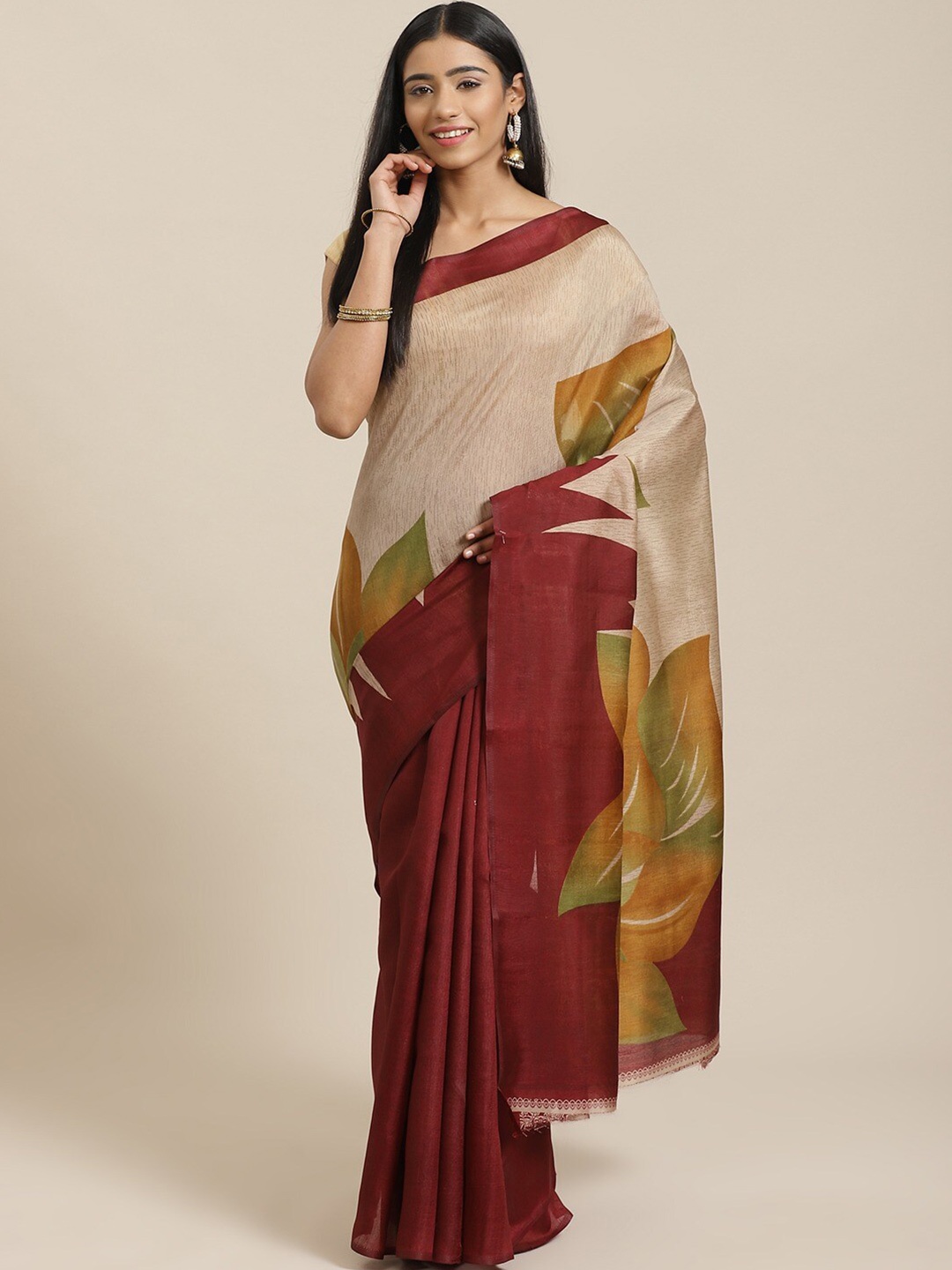 

MOKSHA DESIGNS Maroon & Beige Floral Art Silk Baluchari Saree