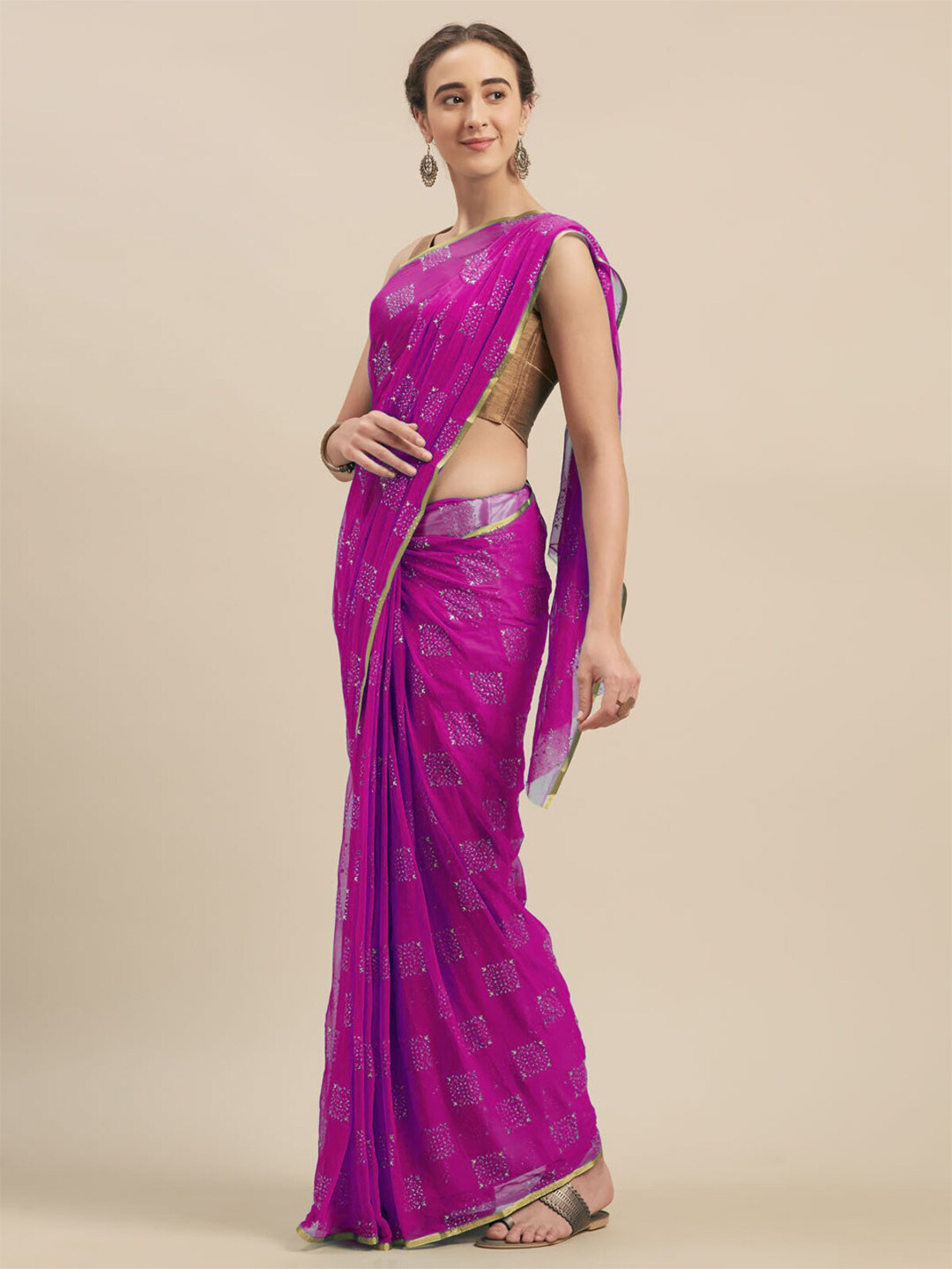 

MOKSHA DESIGNS Violet & Golden Ethnic Motifs Embellished Pure Chiffon Saree