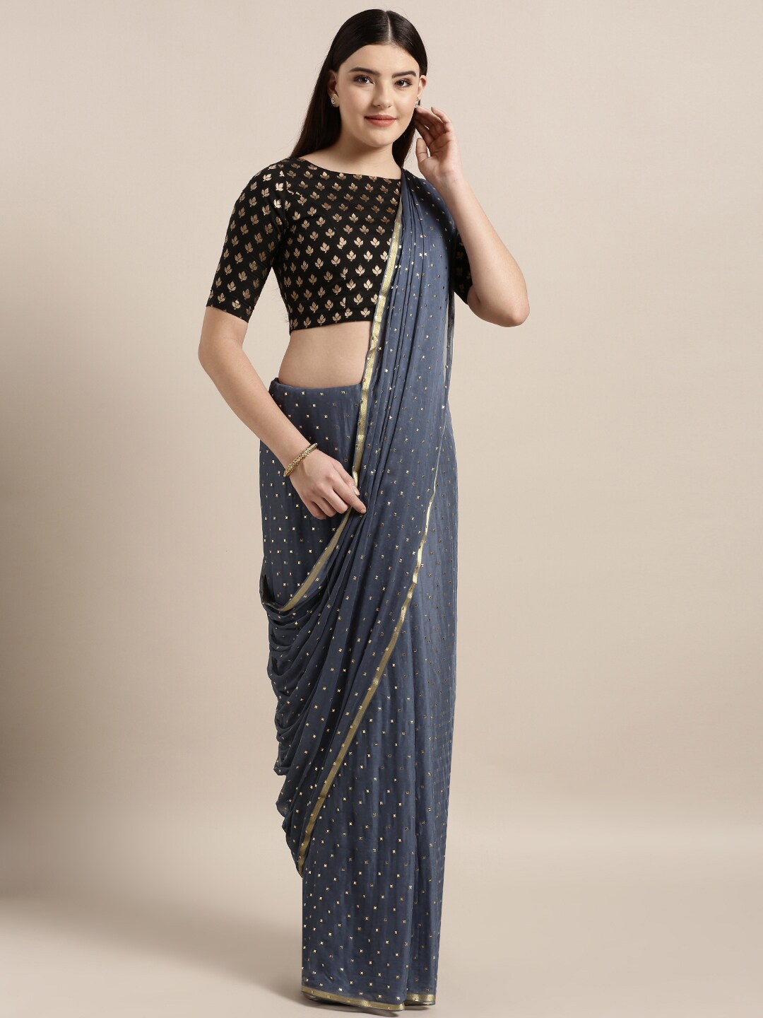 

MOKSHA DESIGNS Grey & Gold-Toned Embellished Pure Chiffon Saree