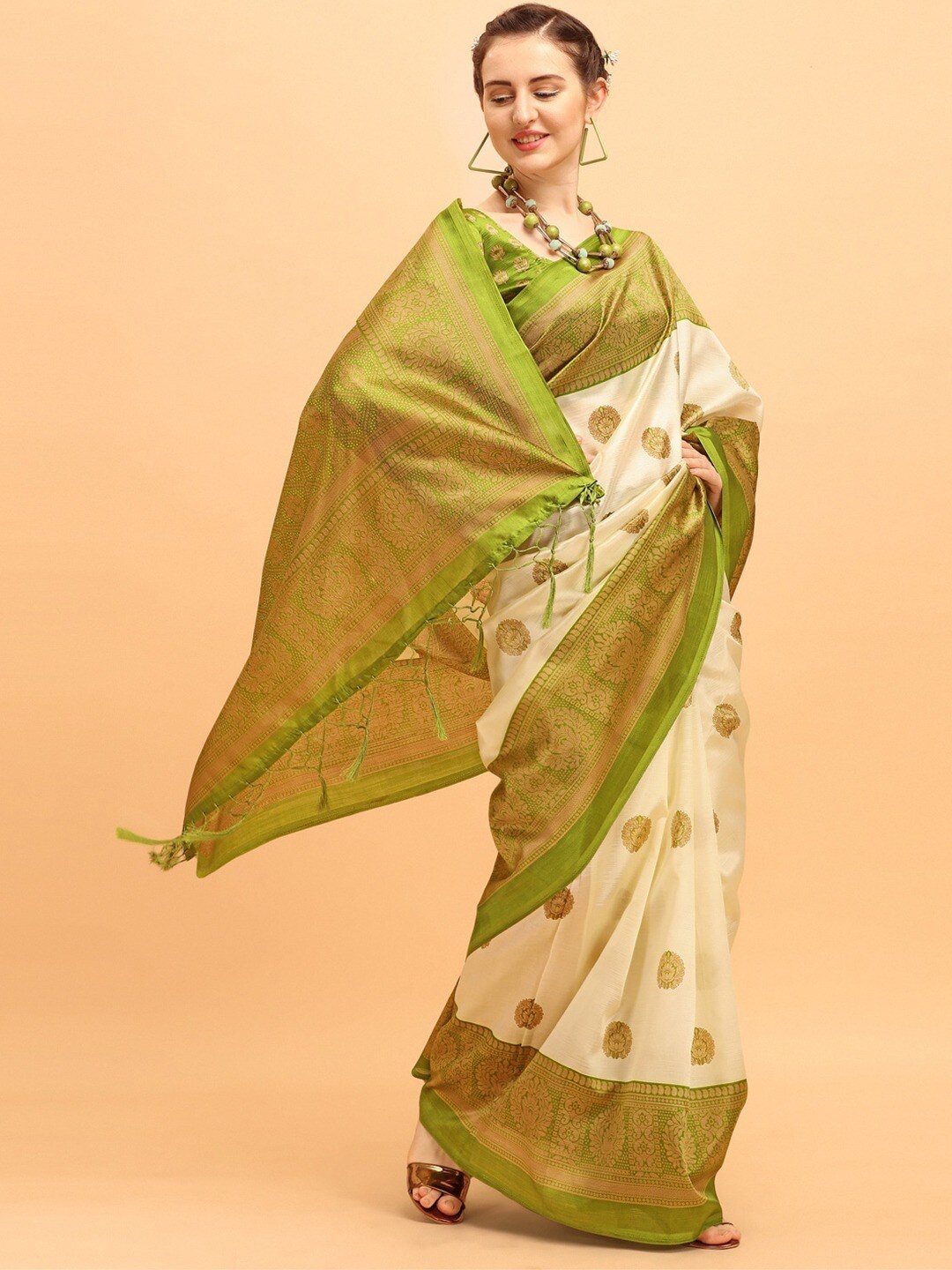

MOKSHA DESIGNS Off-White & Green Ethnic Motifs Zari Art Silk Baluchari Saree