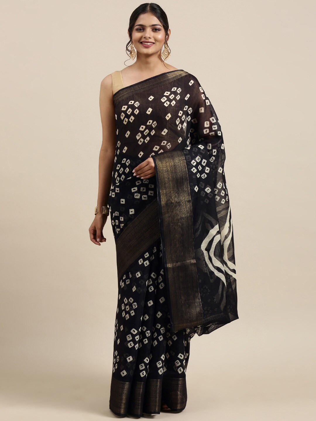 

MOKSHA DESIGNS Black & White Bandhani Zari Pure Cotton Bandhani Saree