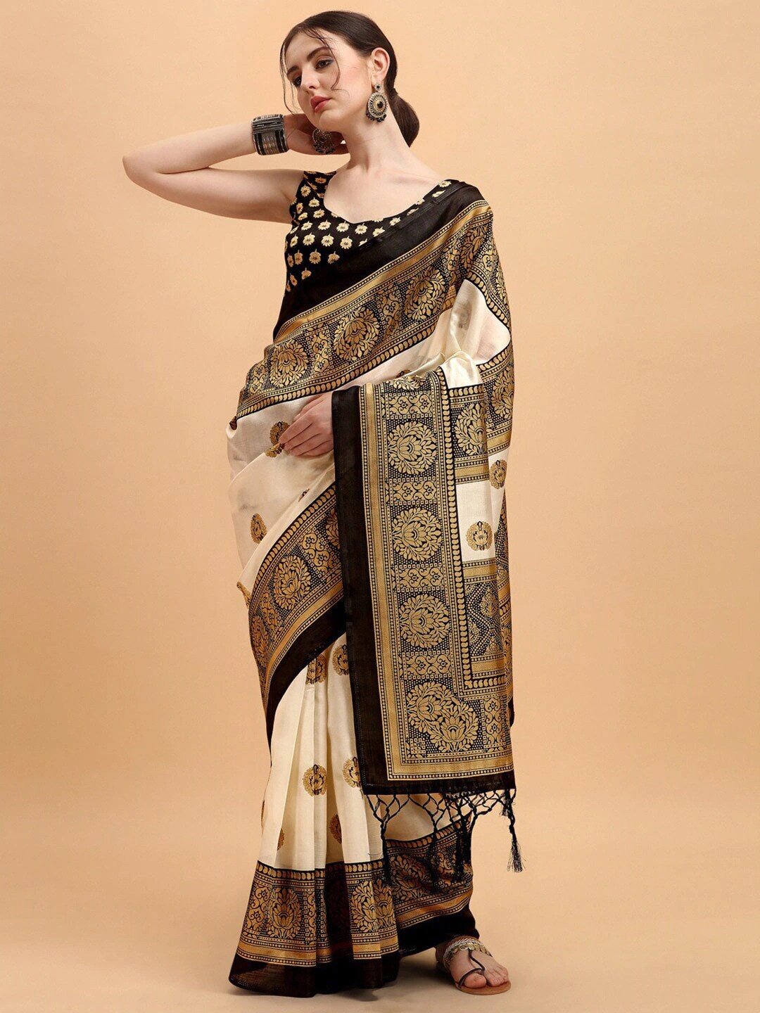 

MOKSHA DESIGNS Black & Cream-Coloured Floral Art Silk Baluchari Saree