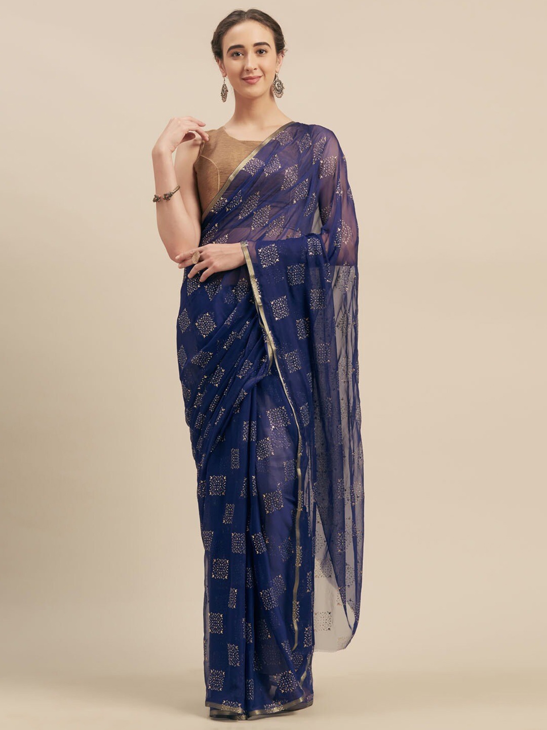 

MOKSHA DESIGNS Navy Blue & Gold-Toned Ethnic Motifs Pure Chiffon Saree