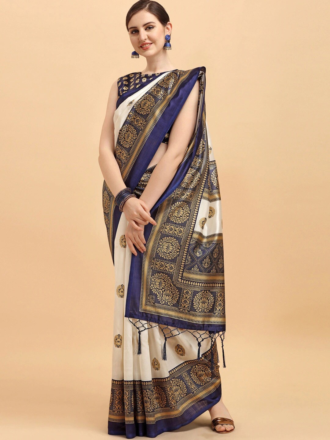 

MOKSHA DESIGNS Navy Blue & White Ethnic Motifs Art Silk Baluchari Saree