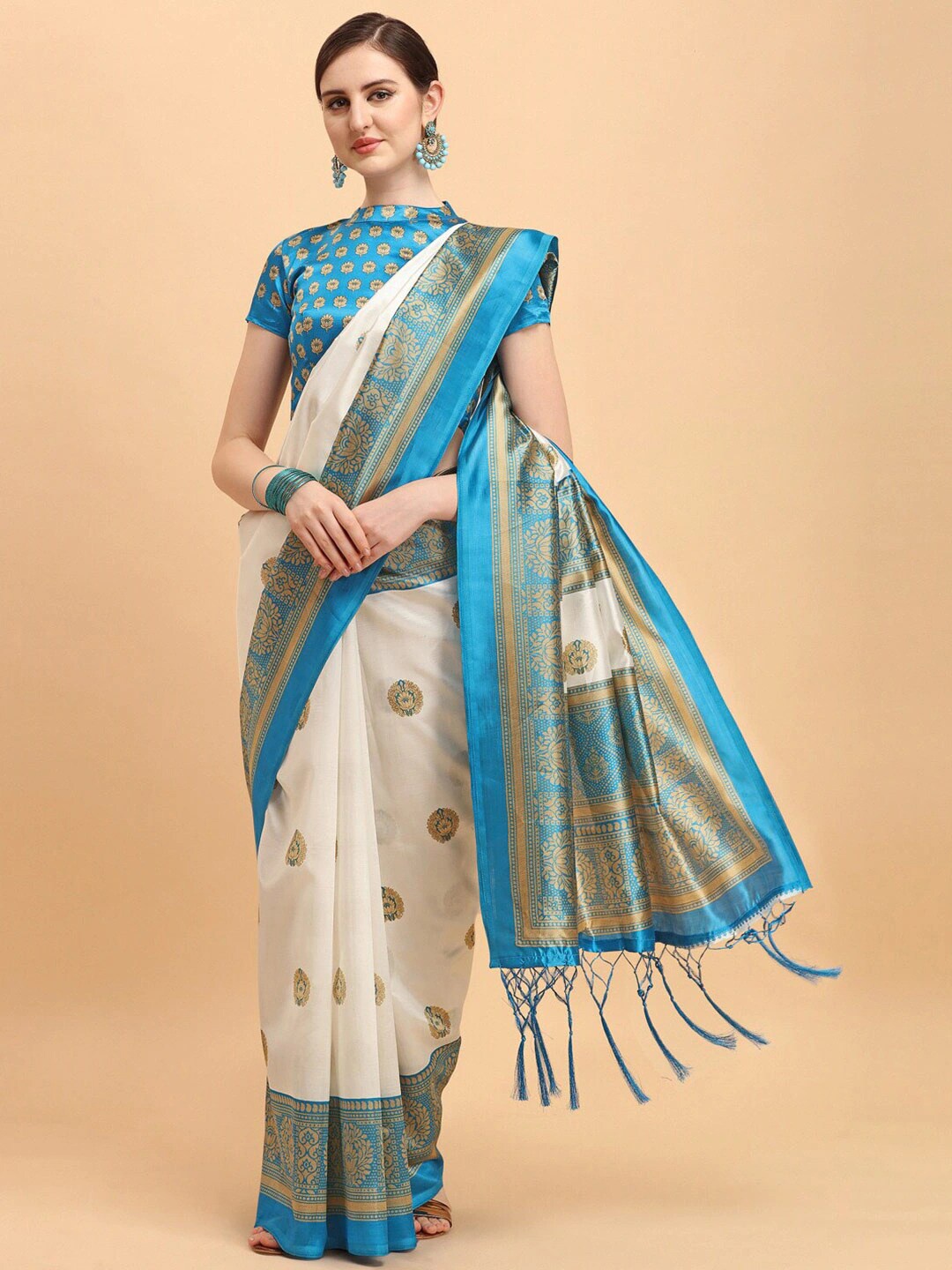

MOKSHA DESIGNS Turquoise Blue & Cream-Coloured Floral Art Silk Baluchari Saree
