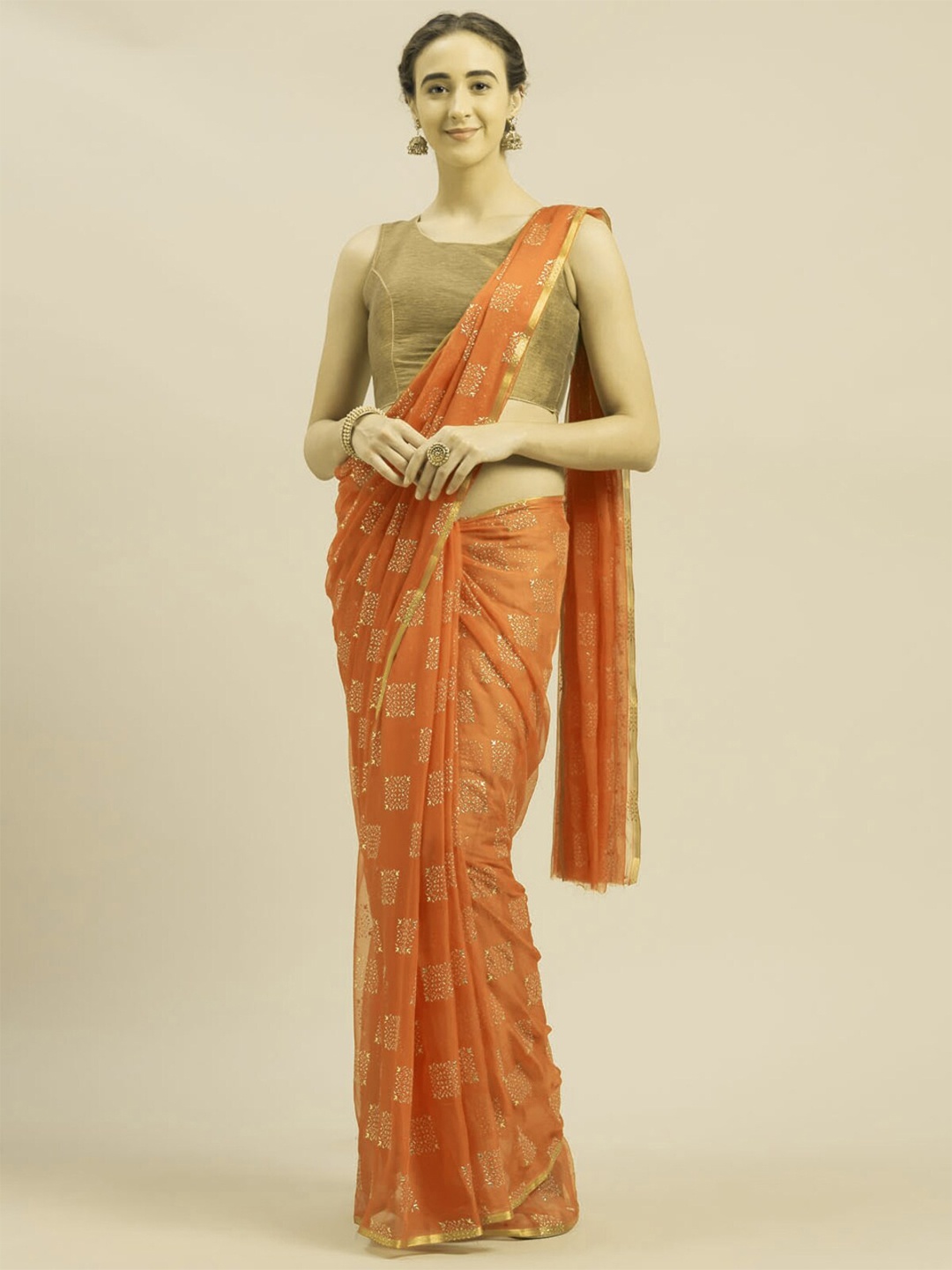 

MOKSHA DESIGNS Orange & Gold-Toned Embellished Pure Chiffon Saree