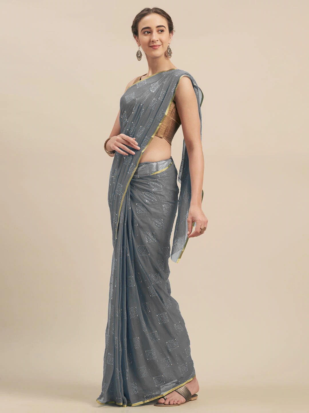 

MOKSHA DESIGNS Grey & Gold-Toned Embellished Pure Chiffon Saree