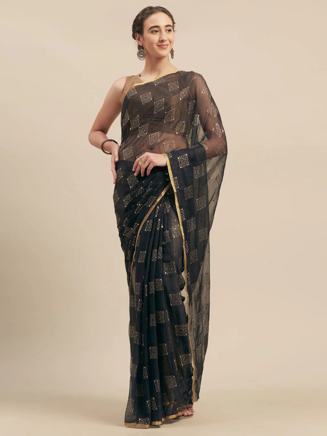 

MOKSHA DESIGNS Black & Gold-Toned Ethnic Motifs Pure Chiffon Saree