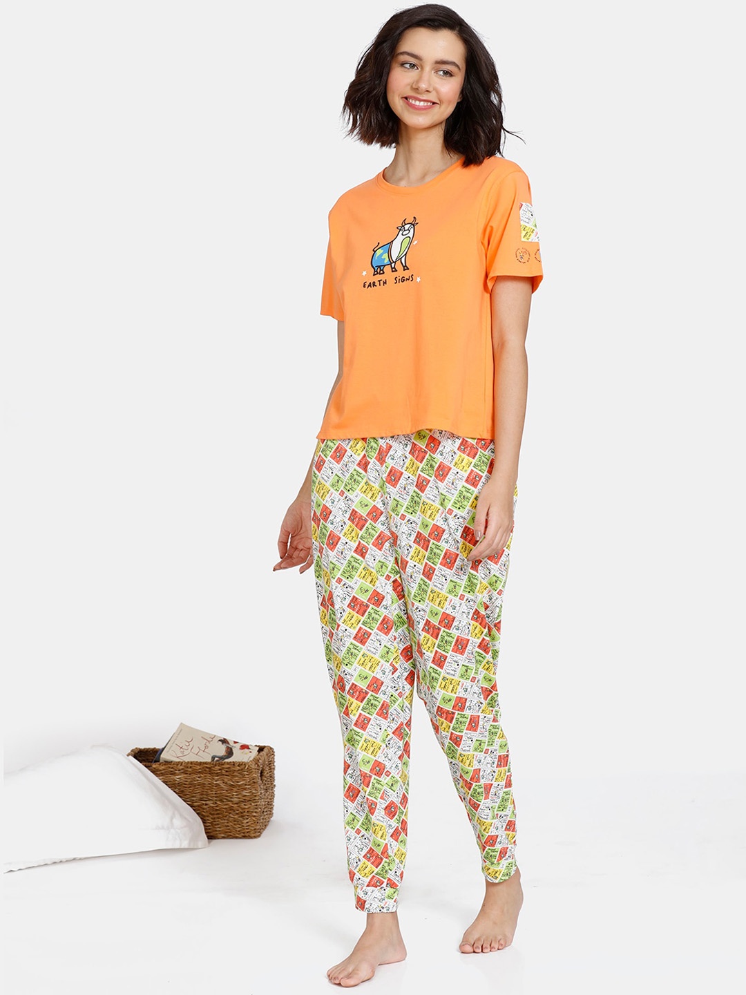 

Zivame Women Orange & White Printed Cotton Night Suit